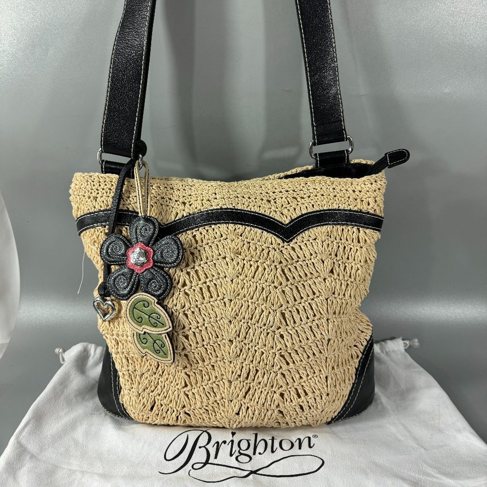 BRIGHTON Crochet Straw Flower Palmer Messenger Purse Bag